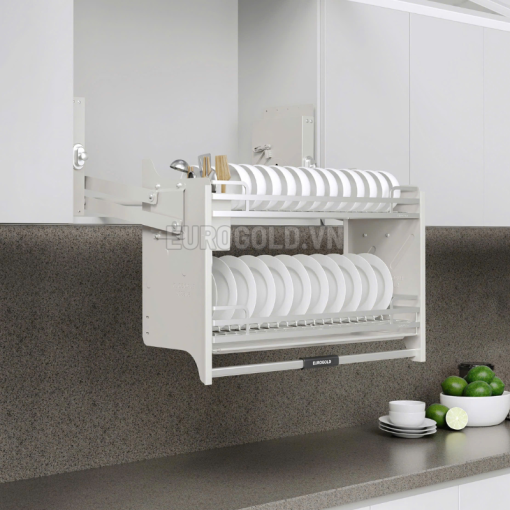 Giá bát đĩa nâng hạ inox 304 khung màu trắng Eurogold EVI180W