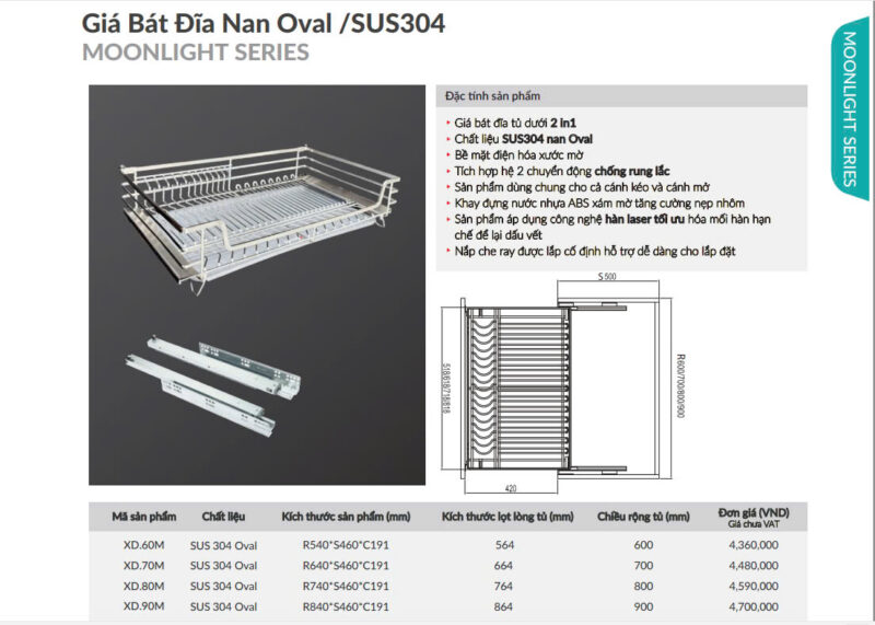 THÔNG SỐ KỸ THUẬT CỦA GIÁ BÁT ĐĨA CỐ ĐỊNH NAN OVAL SUS304 GRANDX XD.90M 90CM