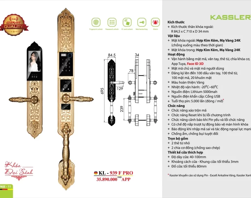 KHOÁ CỬA VÂN TAY ĐẠI SẢNH KASSLER KL 939 F PRO FACE ID APP WIFI MẠ VÀNG 24K - 1 2