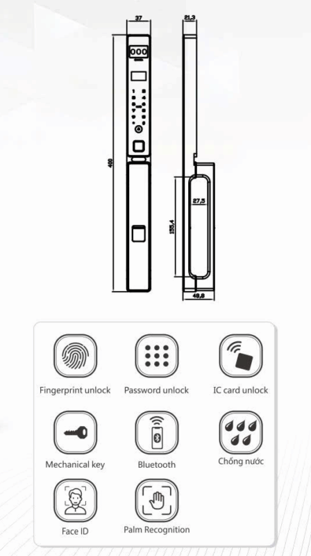 HÌNH ẢNH KĨ THUẬT CỦA KHÓA VÂN TAY CỬA NHÔM KL 599 CNC 02 BLACK APP