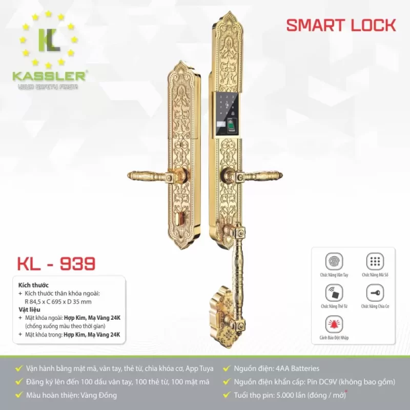 KHOÁ CỬA TÂN CỔ ĐIỆN KASSLER KL 939 APP WIFI MẠ VÀNG 24K - 11
