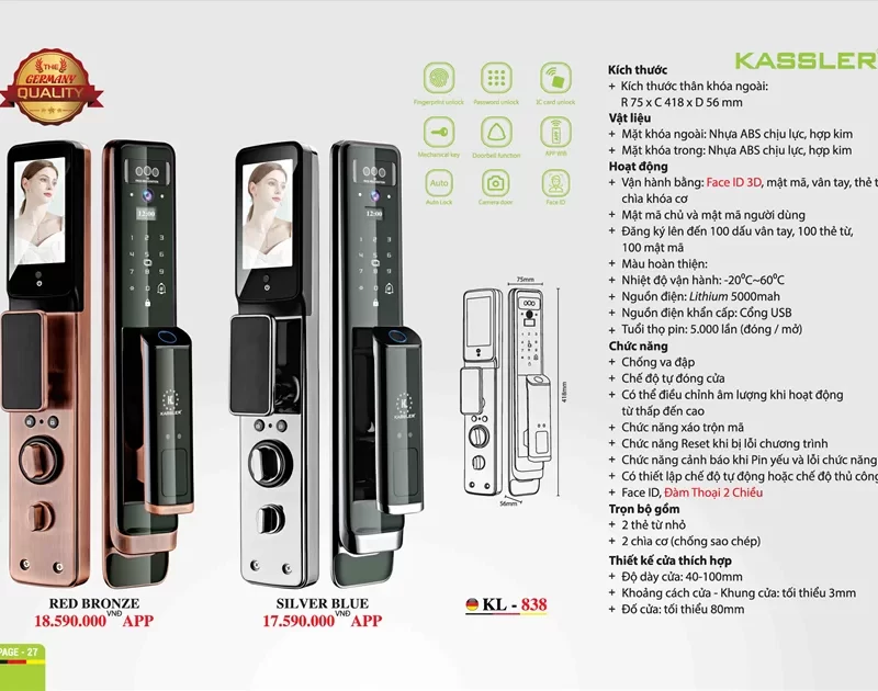 KHOÁ CỬA VÂN TAY KASSLER KL 838 SILVER BLUE APP WIFI