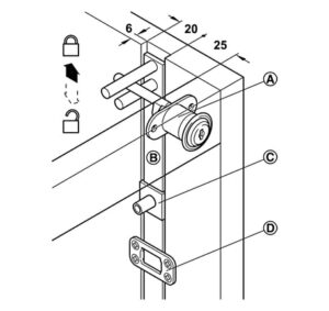 Khóa trung tâm Hafele có lõi xoay, đế lắp vào 2 mặt - Bộ khóa trung tâm Symo 3000 - 234 98 611 dimd1 457x431 crop center