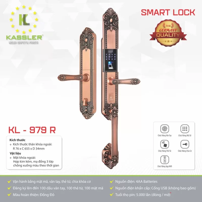 KHOÁ VÂN TAY TÂN CỔ KASSLER KL 979 R TIÊU CHUẨN CHỐNG NƯỚC - 27 3