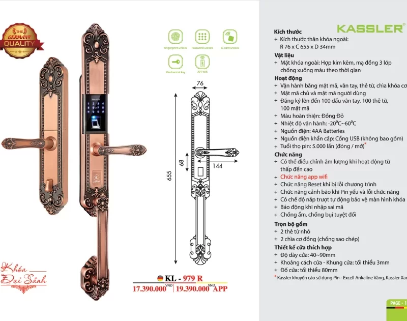 KHOÁ VÂN TAY TÂN CỔ KASSLER KL 979 R TIÊU CHUẨN CHỐNG NƯỚC - 28 1