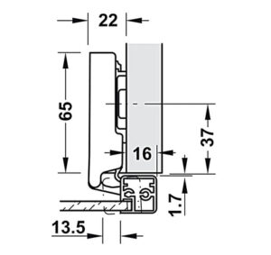 Bản lề Hafele Metalla SM 110° cho cửa khung nhôm, đóng giảm chấn - Lắp trùm ngoài - 315 26 710 dimd 457x431 crop center
