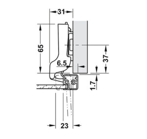 Bản lề Hafele Metalla SM 110° cho cửa khung nhôm, đóng giảm chấn - Lắp trùm nửa - 315 26 711 dimd 457x431 crop center
