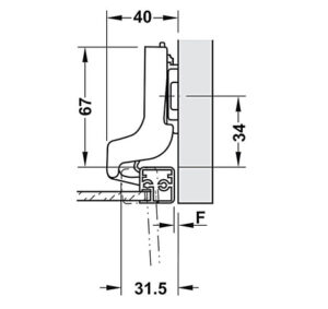 Bản lề Hafele Metalla SM 110° cho cửa khung nhôm, đóng giảm chấn - Lắp lọt lòng - 315 26 712 dimd 457x431 crop center