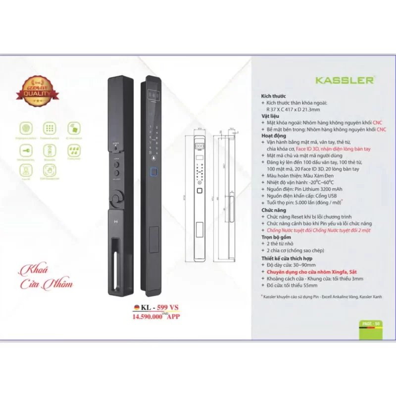 HÌNH ẢNH THỰC TẾ CỦA KHÓA VÂN TAY CỬA NHÔM KASSLER KL 599 VS APP