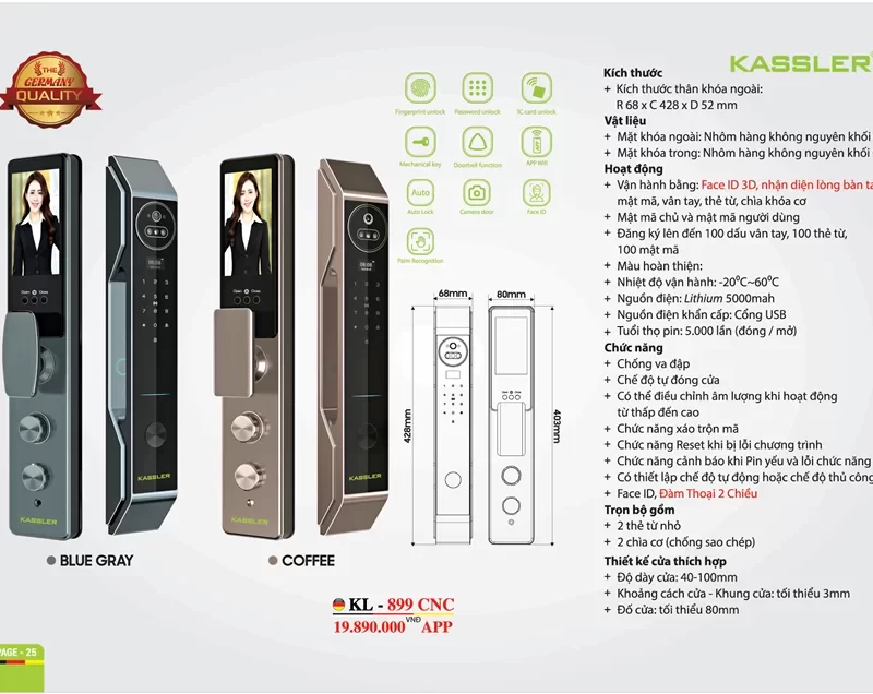 KHOÁ VÂN TAY KASSLER KL 899 CNC COFFEE FACE ID APP WIFI