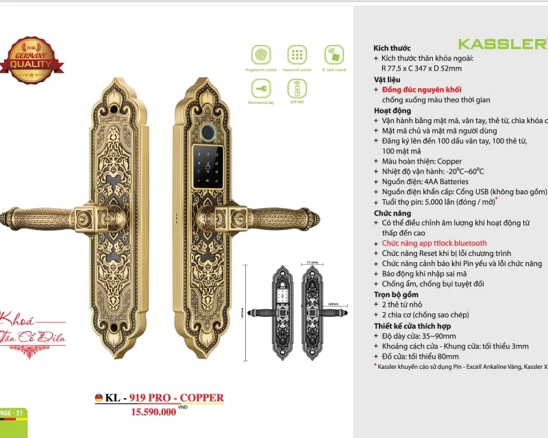 KHOÁ CỬA ĐIỆN TỬ TÂN CỔ ĐIỂN KASSLER KL 919 PRO COPPER APP WIFI - 42 1