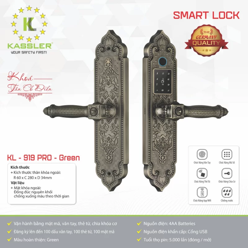 KHOÁ CỬA GỖ TÂN CỔ ĐIỂN KASSLER KL 919 PRO GREEN APP WIFI