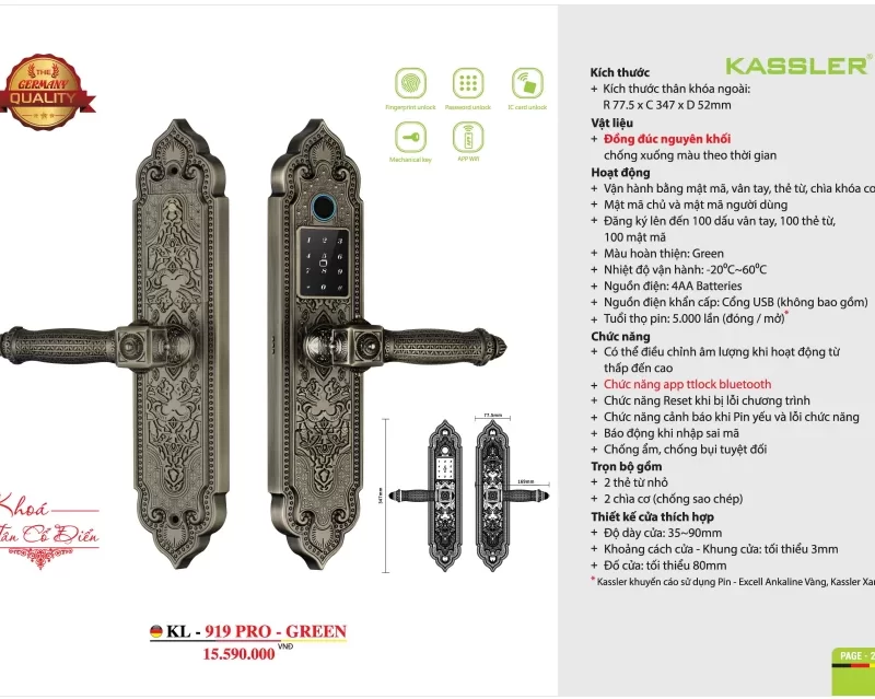 KHOÁ CỬA GỖ TÂN CỔ ĐIỂN KASSLER KL 919 PRO GREEN APP WIFI