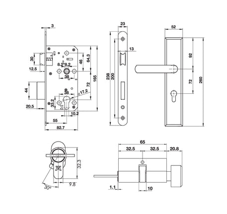 Bộ tay nắm Hafele đế dài kiểu J (Tay nắm - thân khóa - ruột) - 499 62