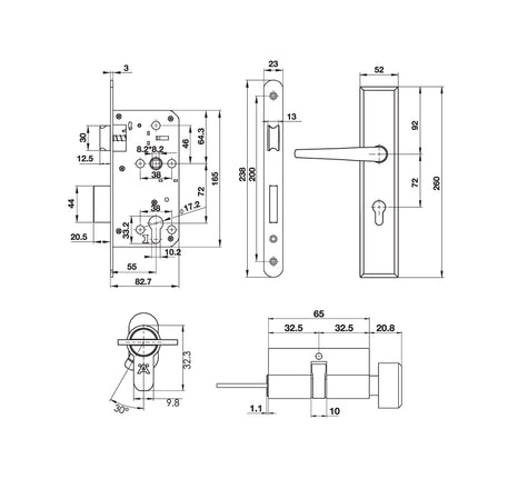 Bộ tay nắm Hafele đế dài kiểu Oval (tay nắm - thân khóa - ruột) - 499 62