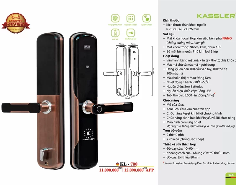 KHOÁ VÂN TAY KASSLER KL 700 APP