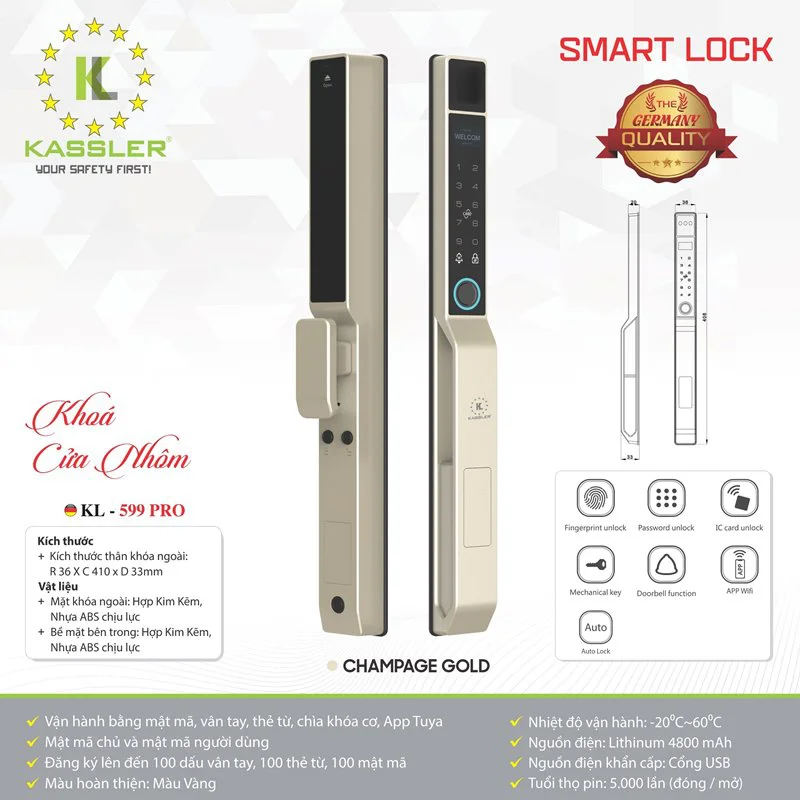 HÌNH ẢNH THỰC TẾ CỦA KHÓA CỬA NHÔM THÔNG MINH KASSLER KL 599 PRO CHAMPAGNE GOLD APP