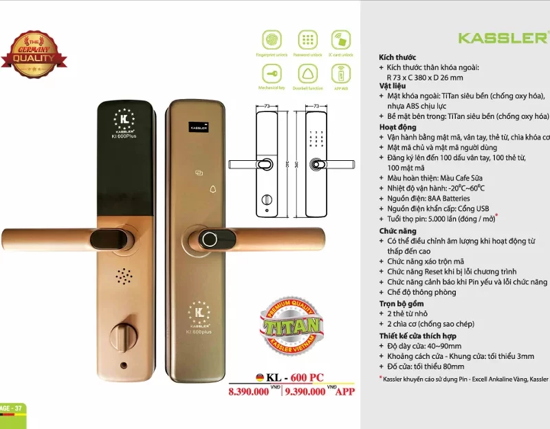 KHOÁ CỬA VÂN TAY KASSLER KL 600 PC TITAN APP TUYA