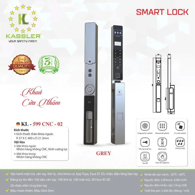HÌNH ẢNH THỰC TẾ CỦA KHÓA VÂN TAY CỬA NHÔM KASSLER KL 599 CNC 02 GREY APP