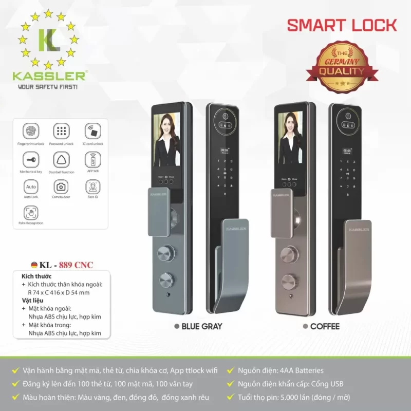KHOÁ VÂN TAY KASSLER KL 889 BLUE GRAY FACE ID APP WIFI