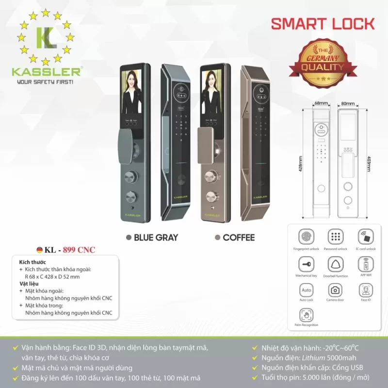 KHOÁ VÂN TAY KASSLER KL 899 CNC BLUE GRAY FACE ID APP WIFI - 73 1