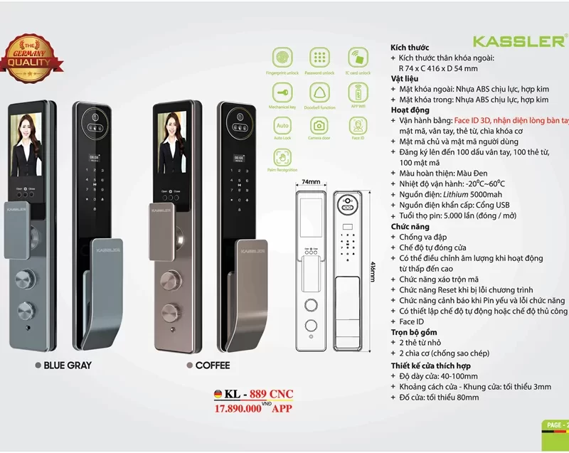 KHOÁ VÂN TAY KASSLER KL 889 COFFEE FACE ID APP WIFI