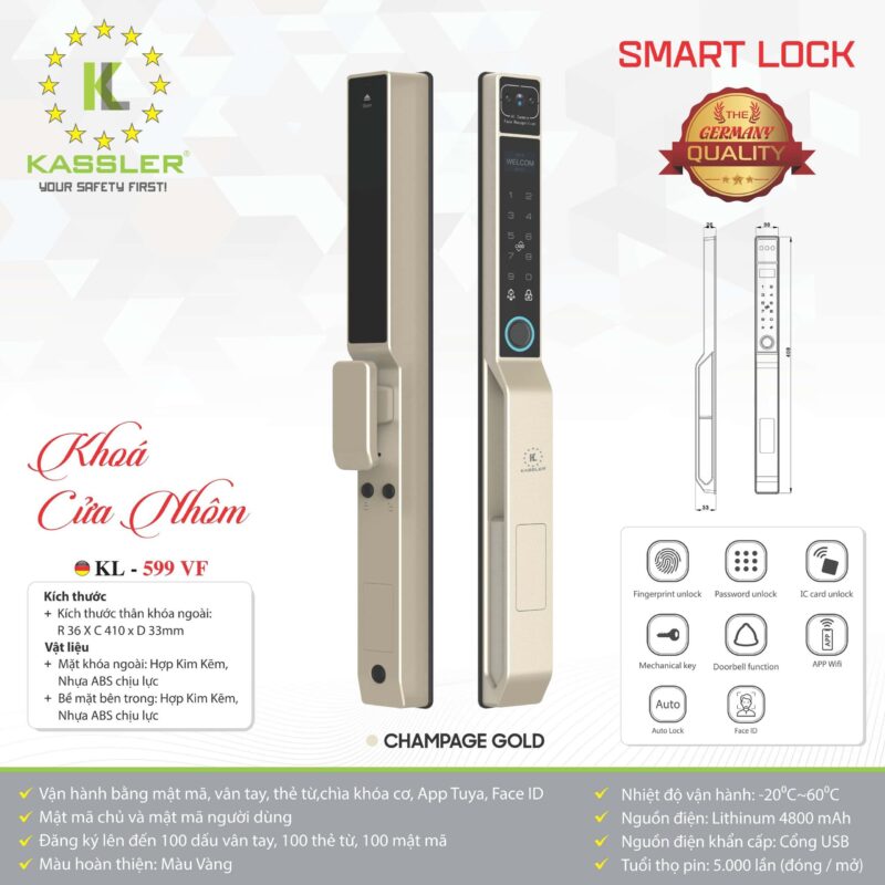 HÌNH ẢNH THỰC TẾ CỦA KHÓA THÔNG MINH CỬA NHÔM KASSLER KL 599 VF CHAMPAGNE GOLD APP