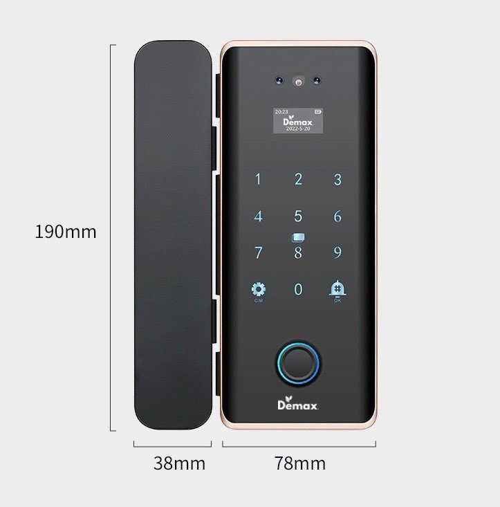 Khóa vân tay cửa kính Demax SL900 G Viền Đồng App Wifi, Face ID 3D, Remote của Đức - 900g1 3