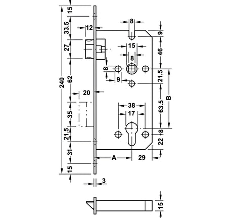 Thân khóa lưỡi gà chốt chết Hafele BS 45/85mm - 911 02