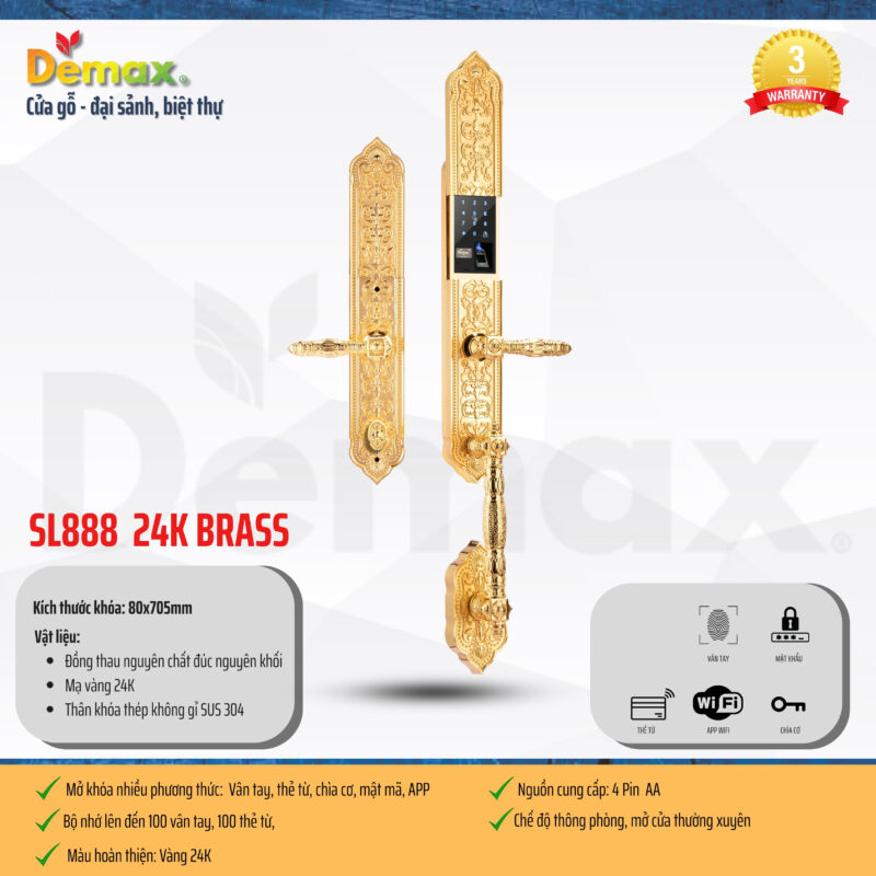 KHÓA CỬA ĐẠI SẢNH APP WIFI DEMAX SL8882 BRASS 24K ĐÚC ĐỒNG NGUYÊN CHẤT