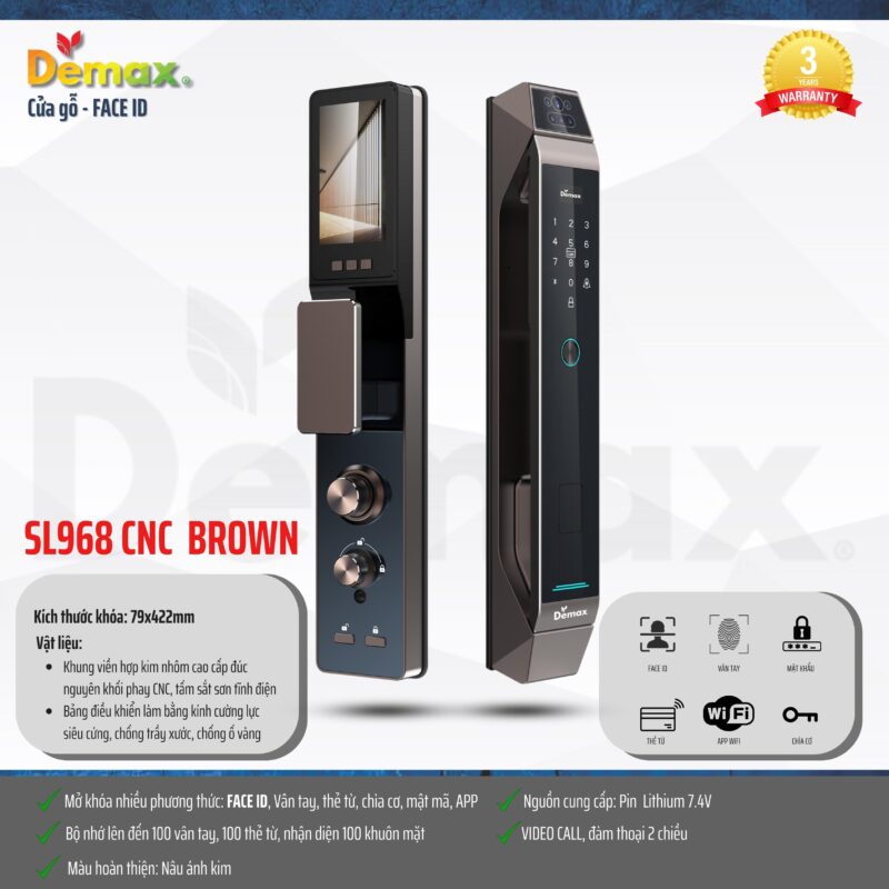 KHÓA CỬA FACE ID APP WIFI DEMAX SL968 BROWN CNC