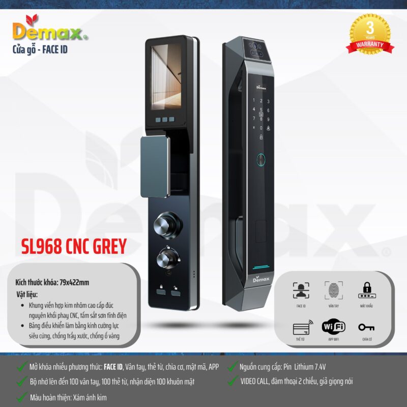 KHÓA CỬA FACE ID APP WIFI DEMAX SL968 GREY CNC