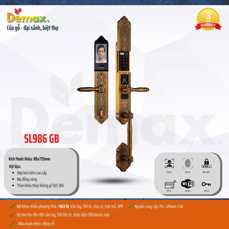 KHÓA CỬA ĐẠI SẢNH FACE ID WIFI DEMAX SL986 GB MÀU ĐỒNG