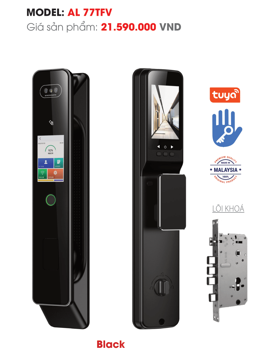 Khoá thông minh Avolock AL-77TFV Black nhận diện khuôn mặt Face ID, App wifi