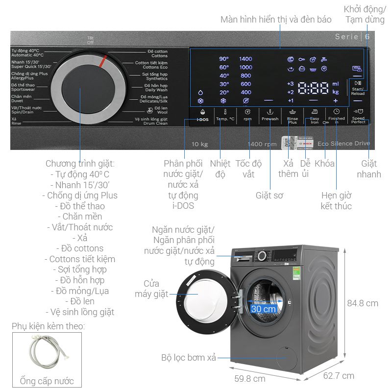 MÁY GIẶT BOSCH 10KG WGG254A0VN SERIES 6 - dac diem may giat bosch 10kg wgg254a0vn cua truoc