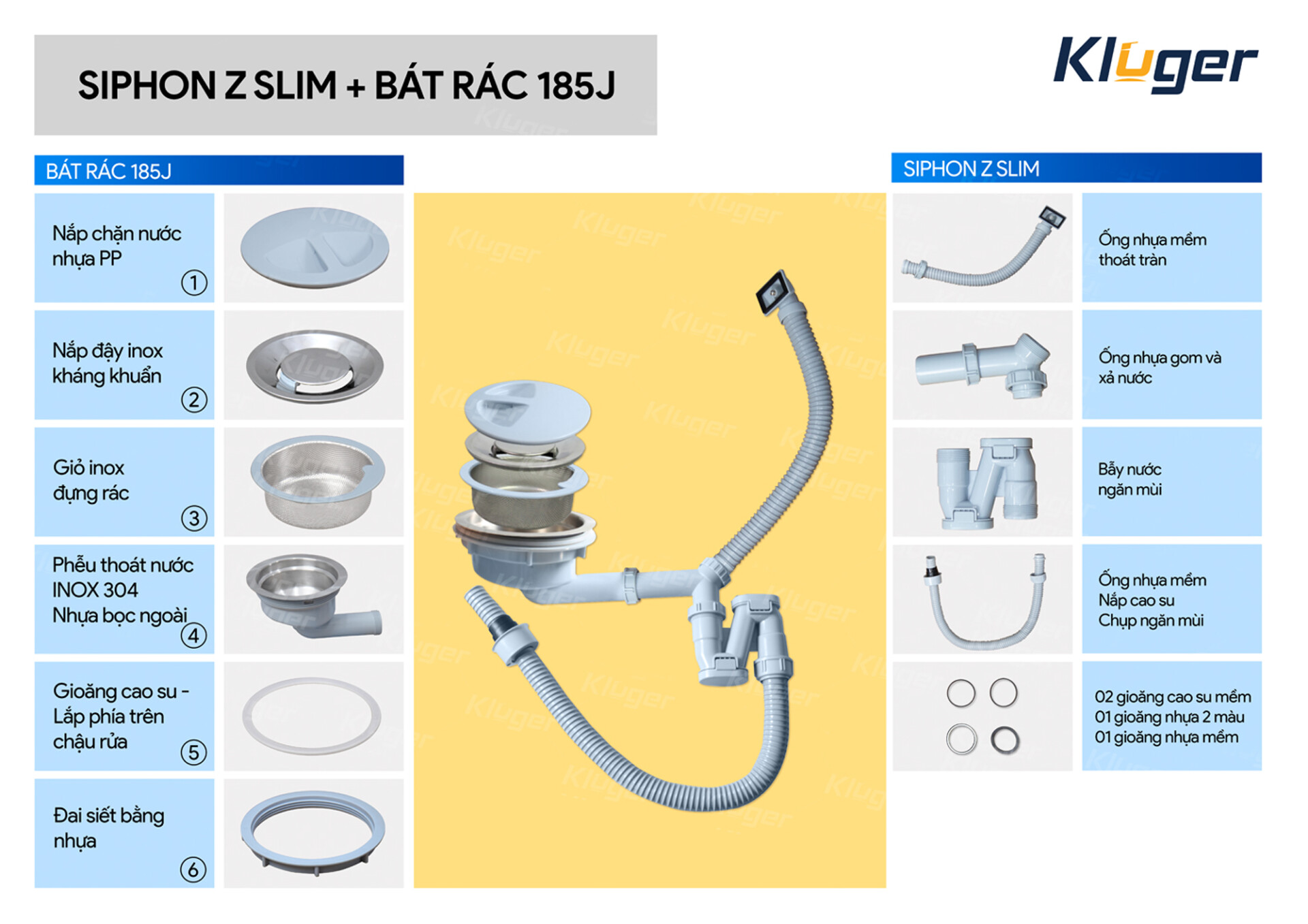 SIPHON CHẬU RỬA BÁT 1 HỐ KLUGER Z SLIM - huong dan lap siphon chau rua bat z slim kluger