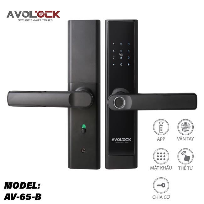 Khoá cửa gỗ vân tay Avolock AV 65 Black App wifi - khoa cua dien tu thong minh avolock av 65 b 1