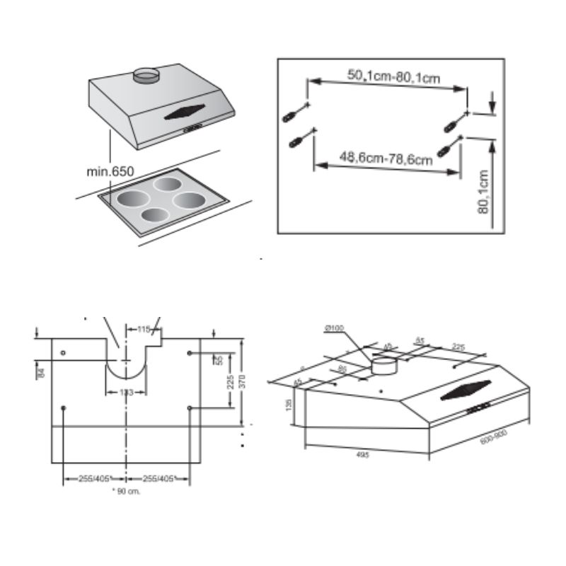Máy hút mùi cổ điển Bosch DHU935HME - kich thuoc lap may hut mui co dien bosch dhu935hme