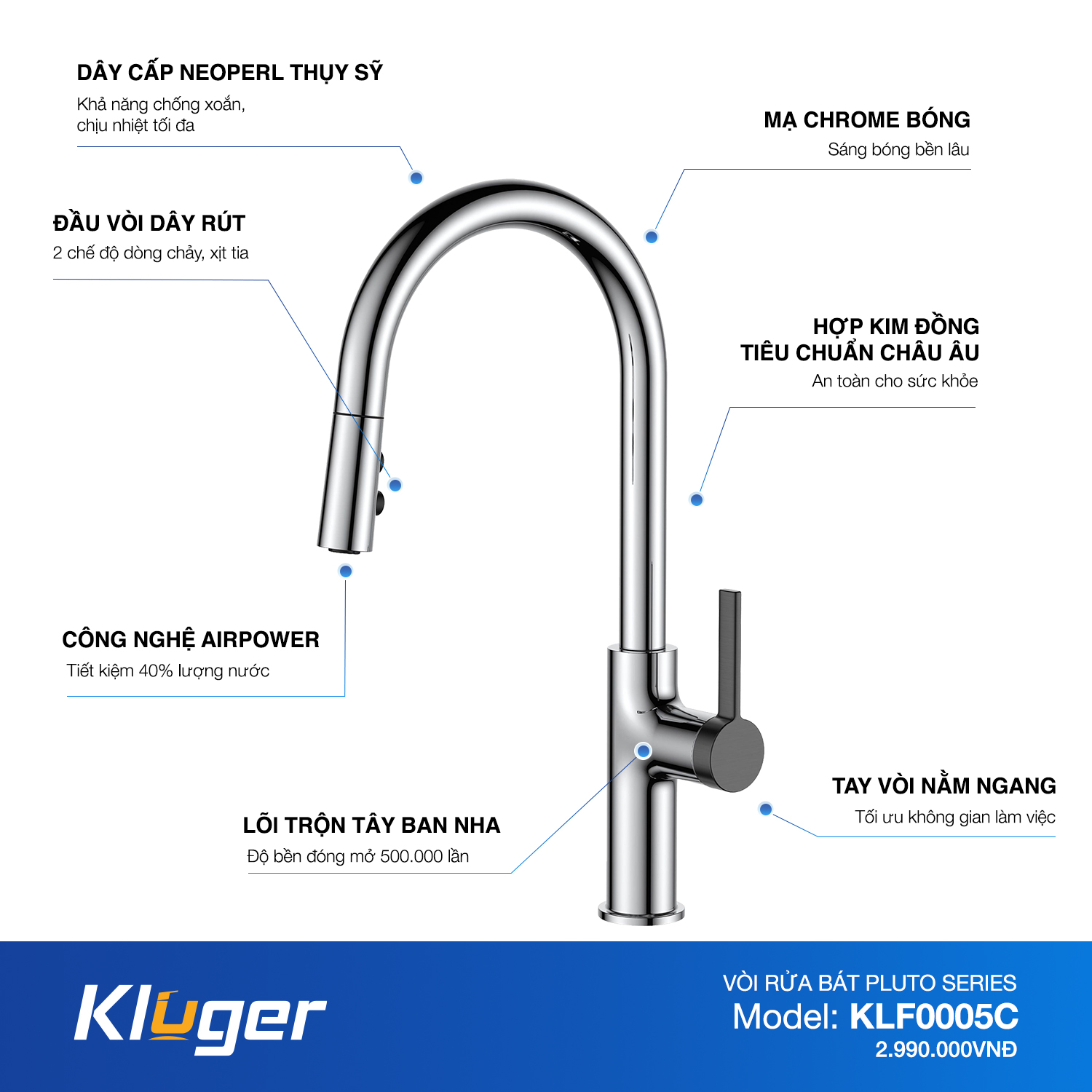 VÒI RỬA CHÉN KLUGER KLF0005C - voi bep kluger klf0005c