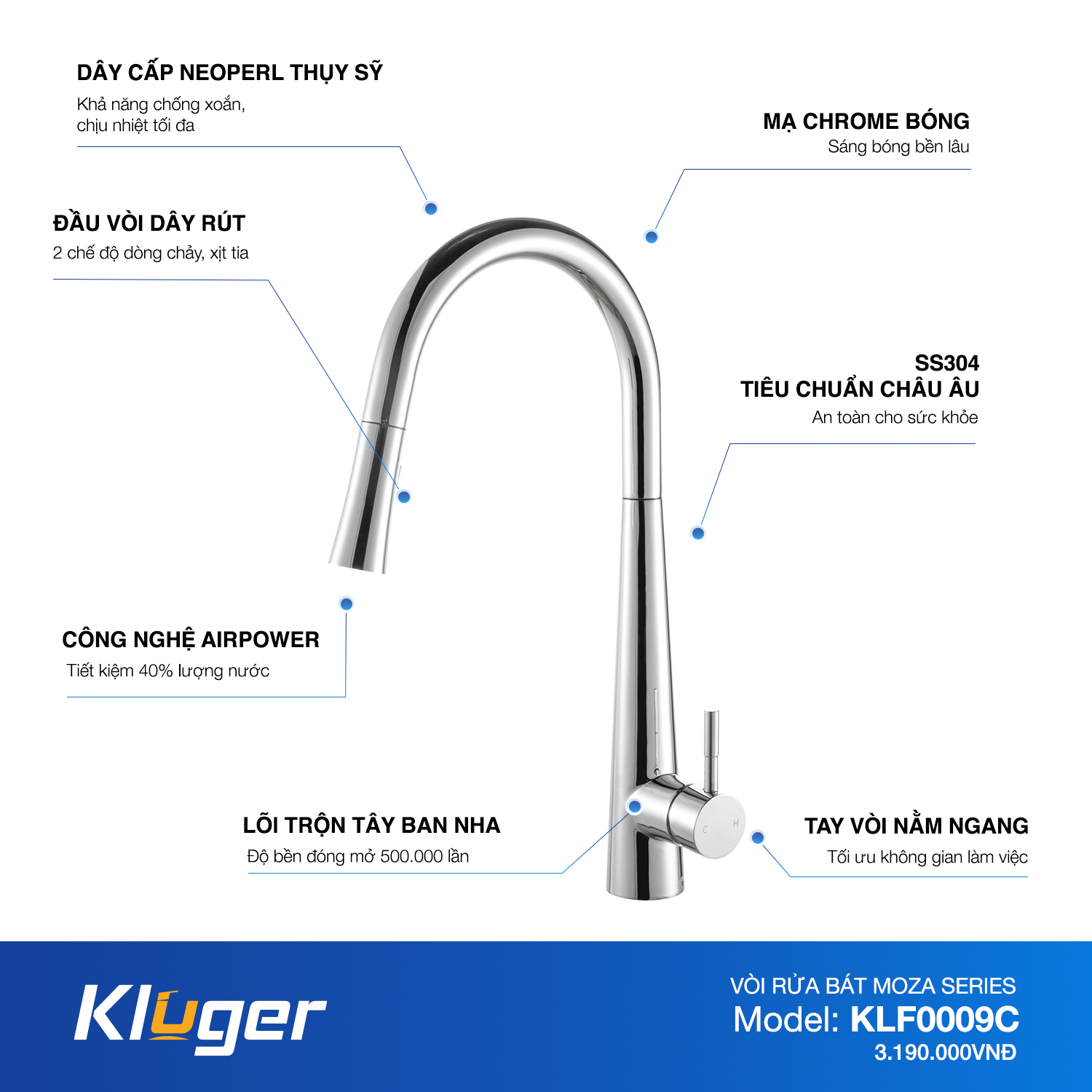 VÒI RỬA CHÉN KLUGER KLF0009C - voi bep kluger klf0009c