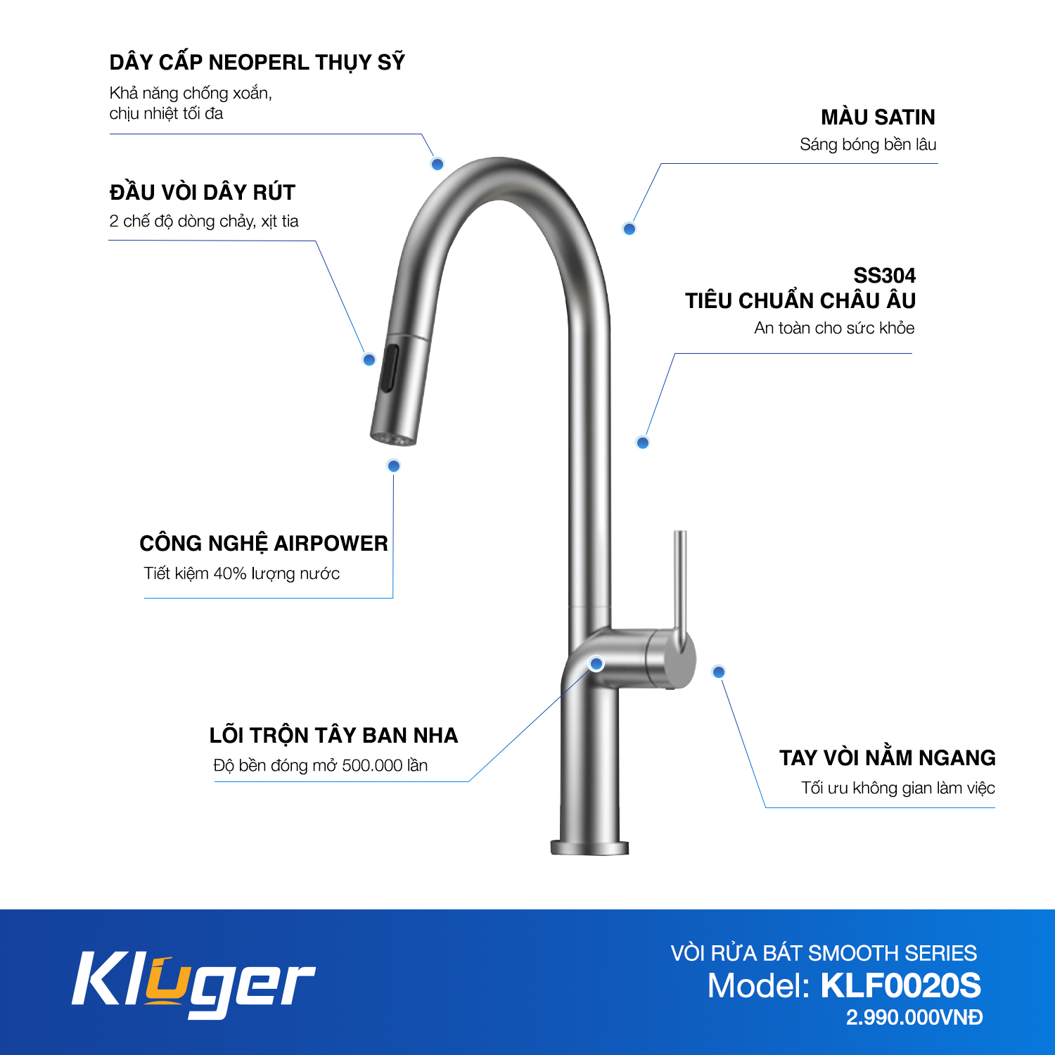 VÒI RỬA CHÉN KLUGER KLF0020S - voi rua bat kluger klf0020s smooth chi tiet