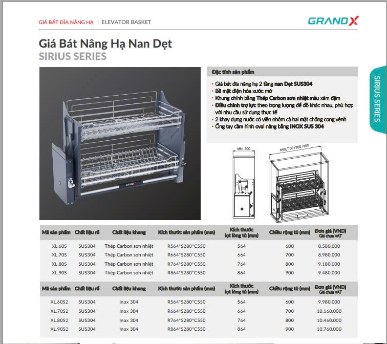 THÔNG SỐ KỸ THUẬT CỦA GIÁ BÁT NÂNG HẠ NAN DẸT GRANDX XL.60S2 60CM