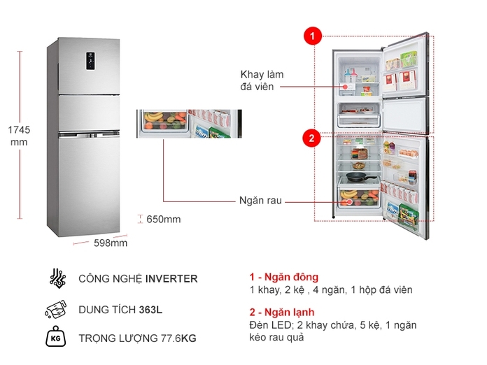 TỦ LẠNH ELECTROLUX 3 CÁNH 337 LÍT EME3700H-A INVERTER MÀU BẠC - 10038891 tu lanh electrolux inverter 340l eme3700h a