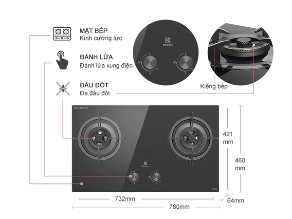 BẾP GA GANAR ELECTROLUX 78CM EHG7230BE 2 MÂM CHIA LỬA - 10041331 bep gas am electrolux ehg7230be