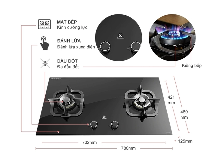 BẾP GA POTENZA ELECTROLUX 78CM VỚI 2 MÂM CHIA LỬA EGT7828CK - 10041332 BAP GAS AM ELECTROLUX EGT7828CK