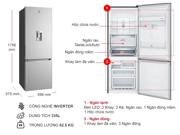 TỦ LẠNH ELECTROLUX NGĂN ĐÁ DƯỚI EBB3742K-A INVERTER ULTIMATETASTE 300 335L MÀU BẠC ( CÓ NGĂN ĐÔNG MỀM)