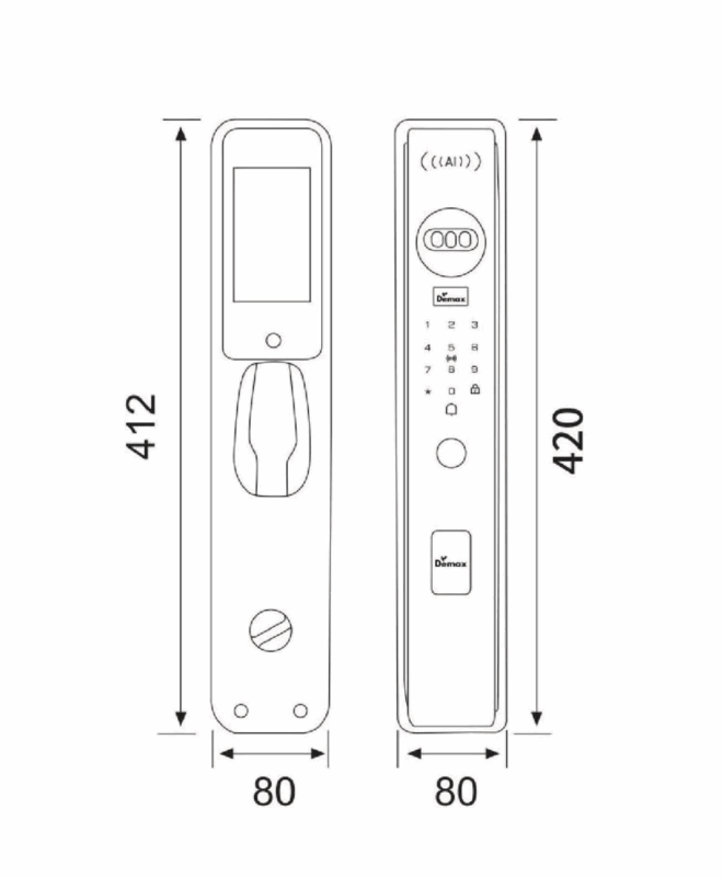 KÍCH THƯỚC KHÓA CỬA NHẬN DIỆN FACE ID APP WIFI DEMAX SL912 MB