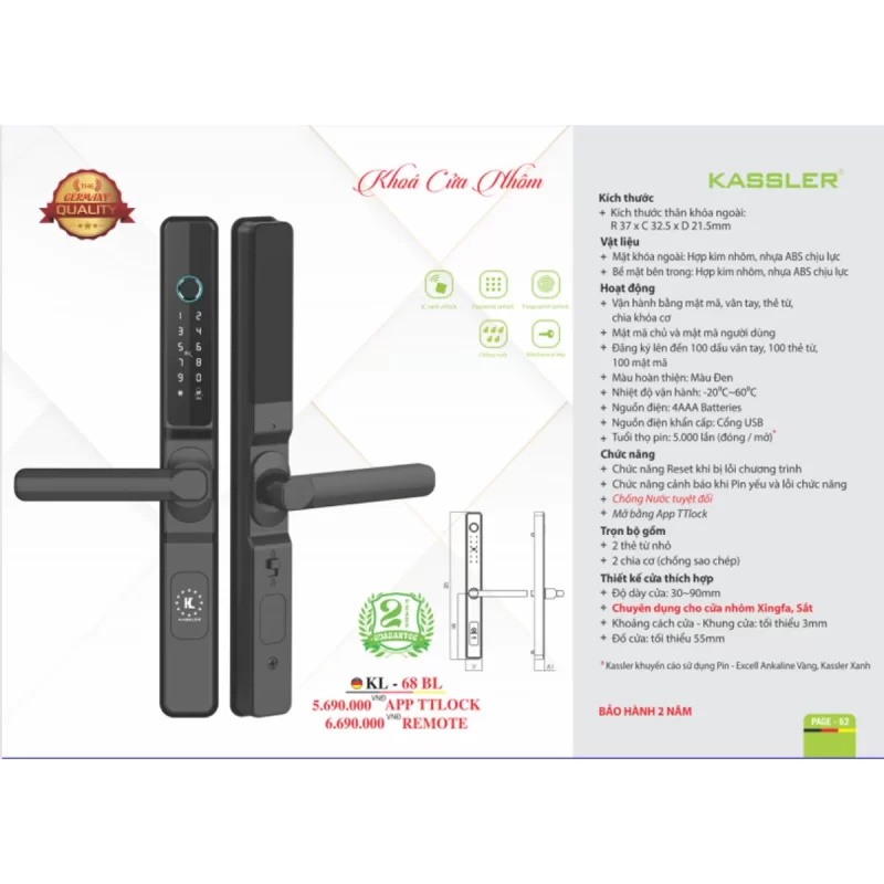 HÌNH ẢNH THỰC TẾ CỦA KHÓA VÂN TAY CỬA NHÔM KASSLER KL 68 BL REMOTE