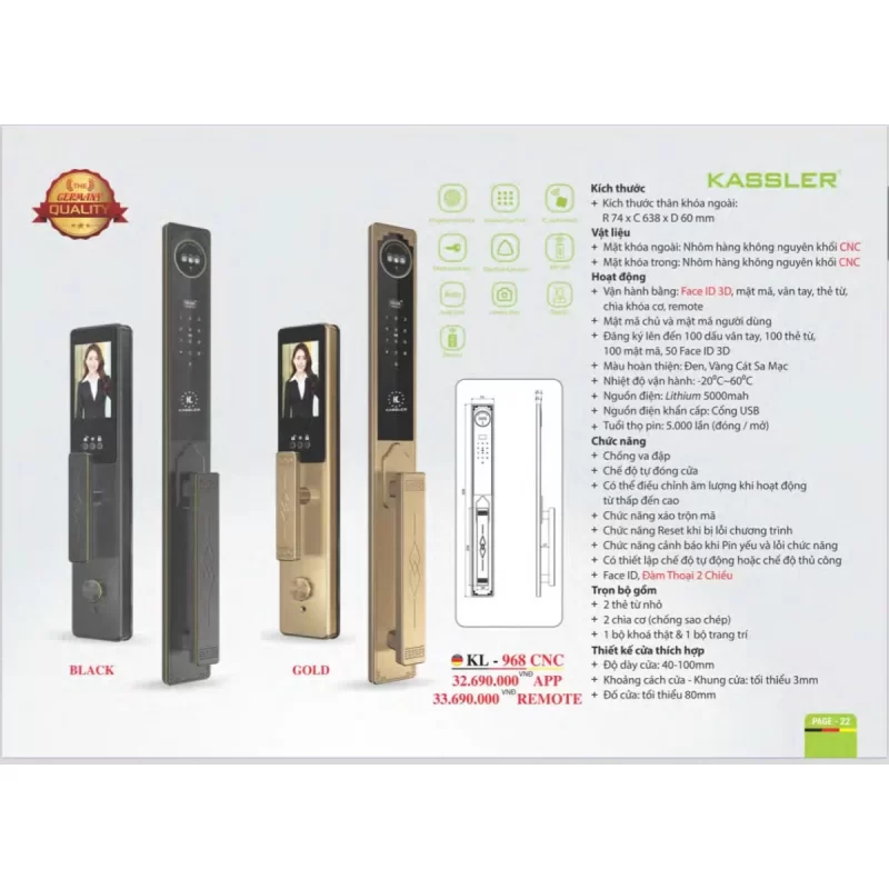 KHOÁ VÂN TAY KASSLER KL 968 CNC GOLD APP + REMOTE