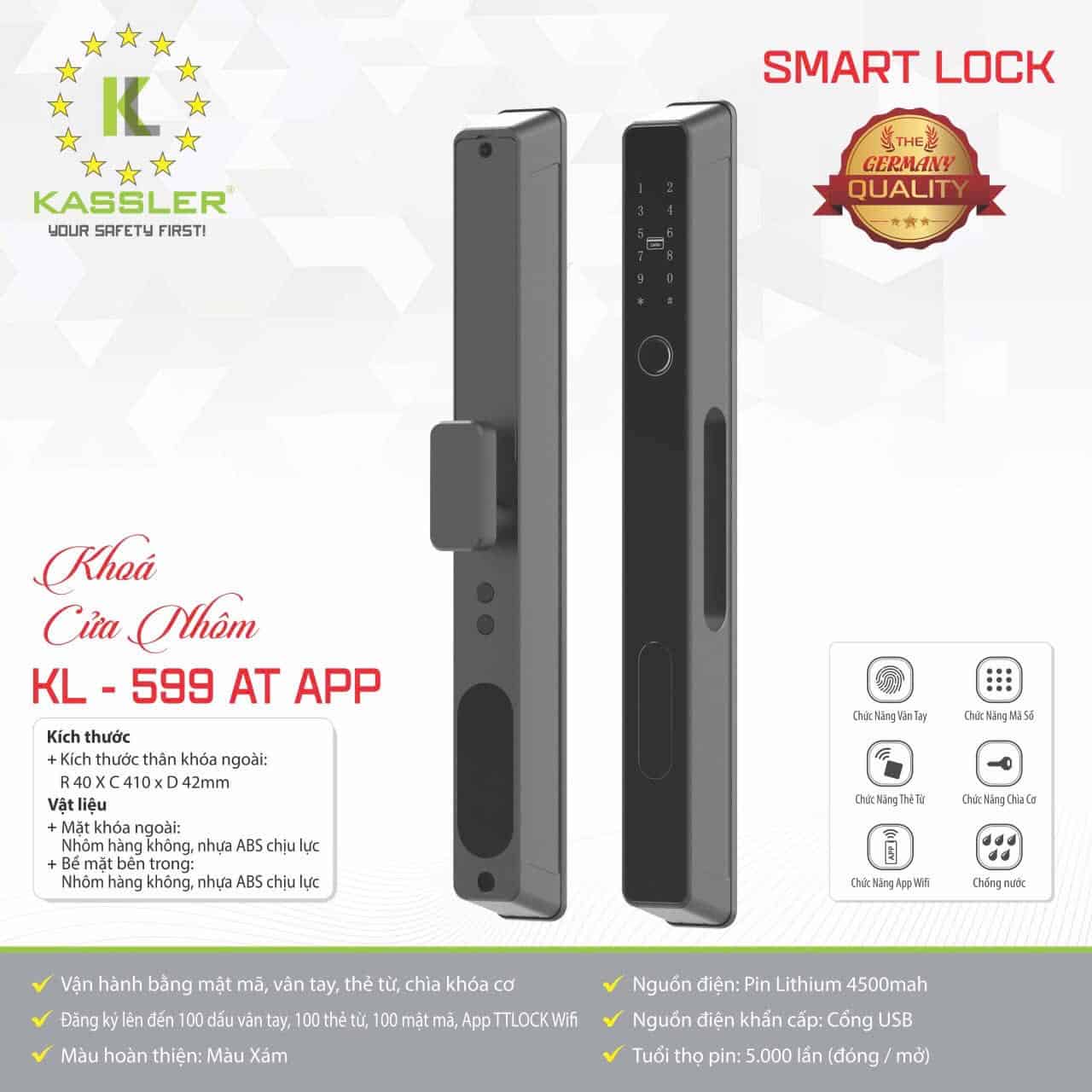 HÌNH ẢNH THỰC TẾ CỦA KHÓA CỬA NHÔM THÔNG MINH KASSLER KL 599 AT GREY APP